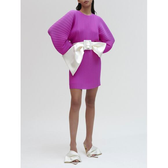 Solace London Tanzy Fuchsia Pleated White Bow Long Sleeve Mini Cocktail Dress - Picture 7 of 16